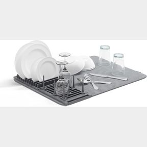 UMBRA UDRY DISH RACK WITH MOVABLE PEGS AND MICROFIBER DRYING MAT SPACE-SAVING DESIGN FOLDS UP FOR EASY STORAGE, BASIC RACK, DARK G
