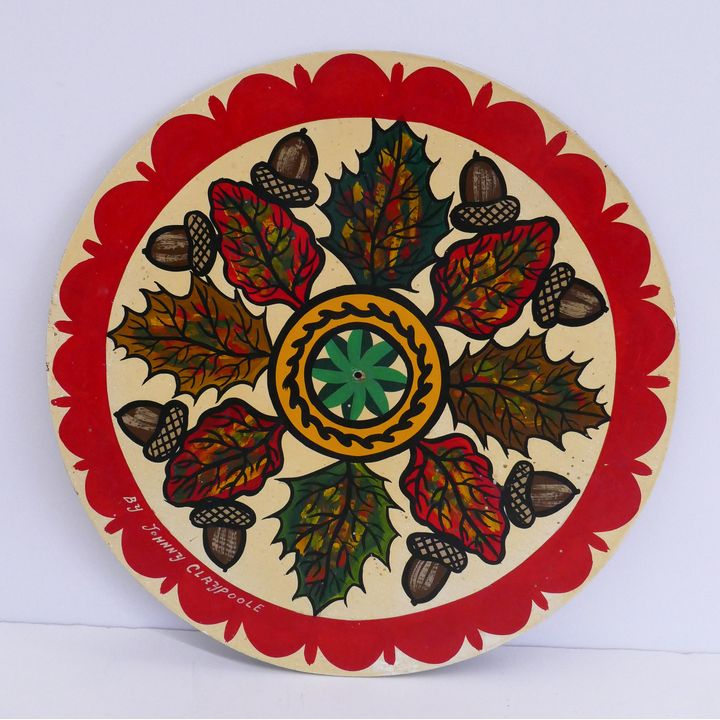 Johnny Claypool Pennsylvania Dutch Hand Painted Oak Leaves & Acorns Hex Sign circa 1972- 12'' diameter.