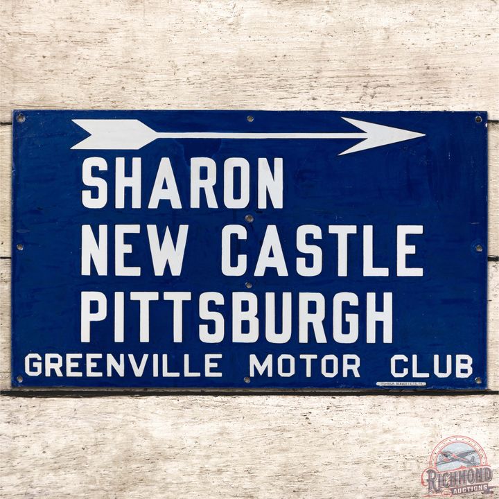 Early Sharon New Castle Pittsburgh Greenville Pennsylvania Motor Club SS Porcelain Sign w/ Arrow