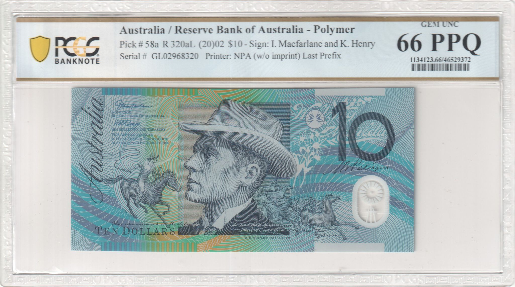 Macfarlane/Henry, Last Prefix, Ten Dollar, 2002, PCGS Gem UNC 66 PPQ