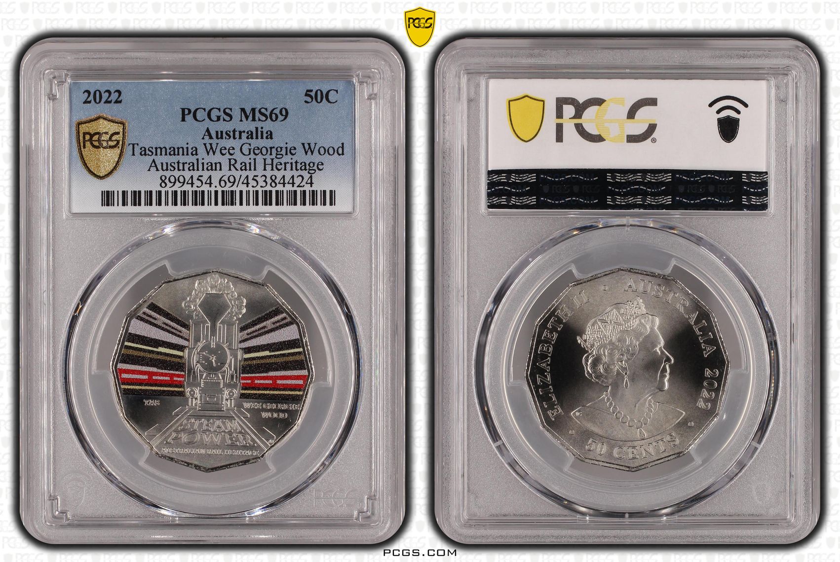 Tasmania Wee Georgie Wood - Rail Heritage Colorized, Fifty Cent, 2022, PCGS MS69