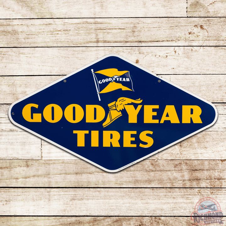 Superb Goodyear Tires Double Sided Porcelain Sign w/ Flag & Wingfoot