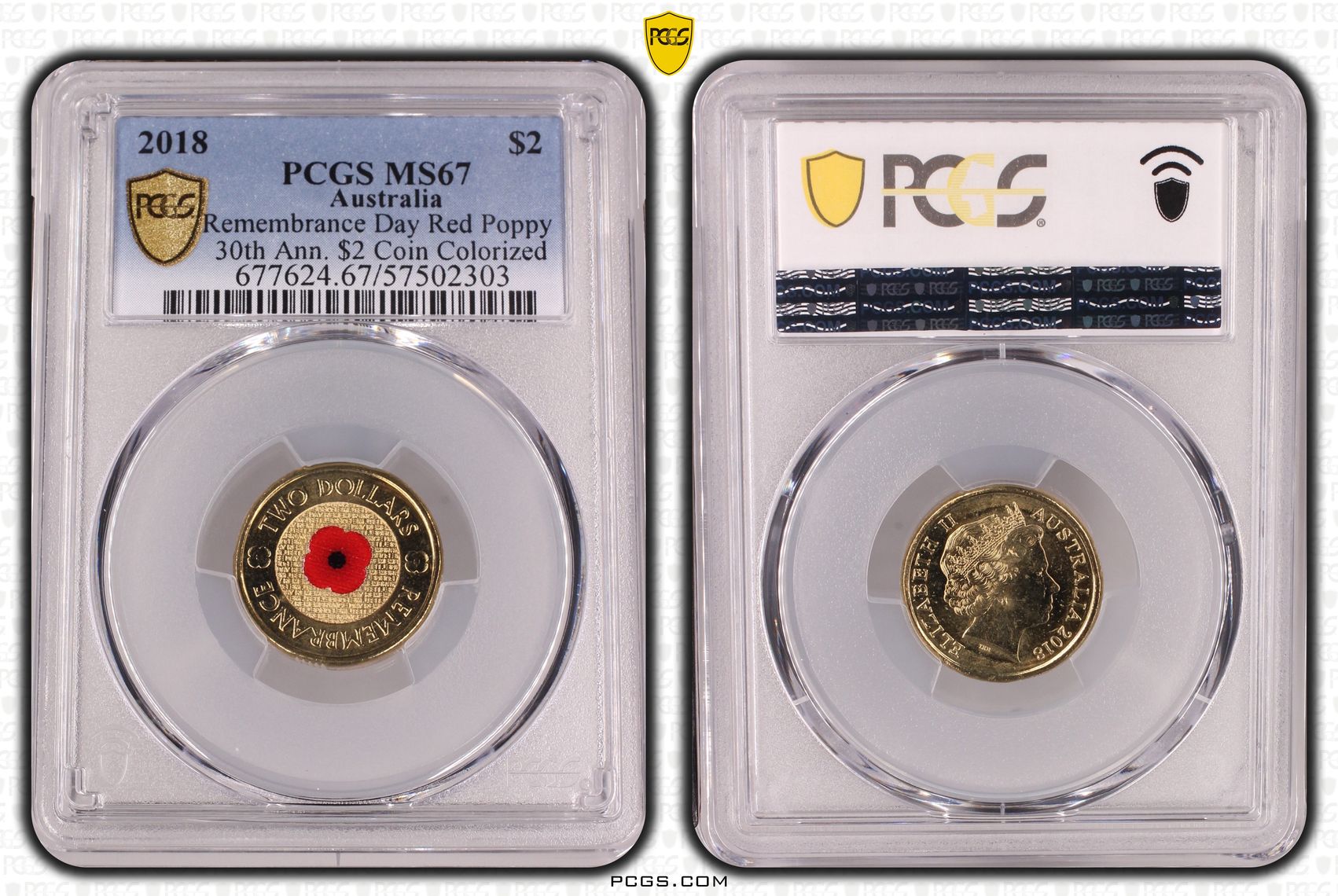 Remembrance Day Red Poppy 30th Ann. $2 Coin Colourised, Two Dollar, 2018, PCGS MS67
