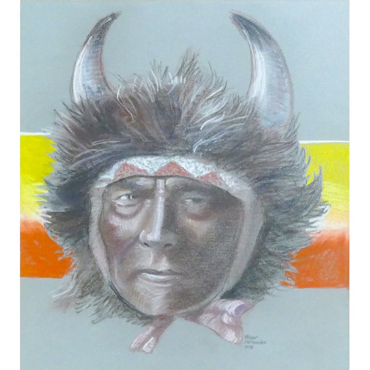 Roger Fernandes ''Buffalo Hunter'' 1978 Conte Crayon Framed 23''x21''