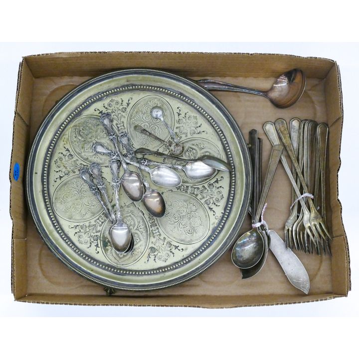 Box Antique Silverplated Salver Etc.