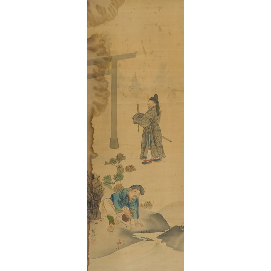 Meiji Japanese Figure with Gourd Scroll Painting 43''x16'' Image