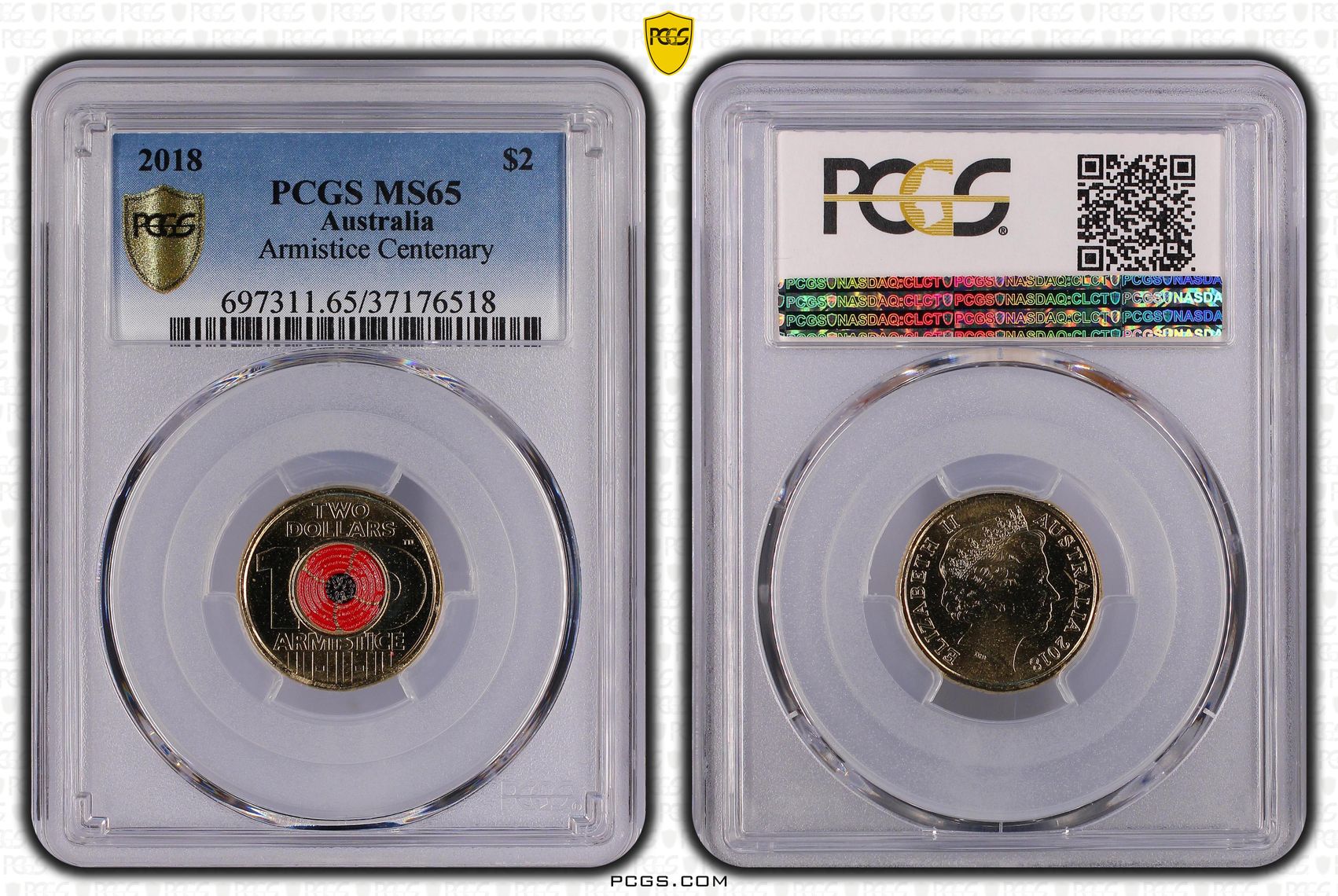 Elizabeth II, Armistice Centenary , Two Dollar, 2018, PCGS MS65