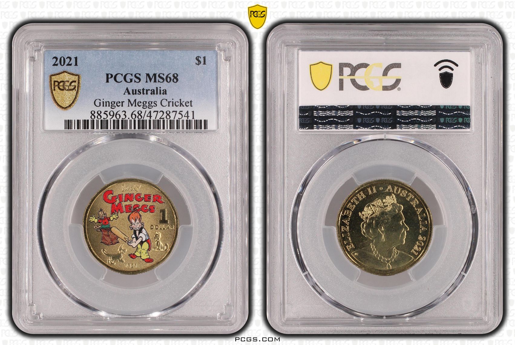 409 · Elizabeth II, Ginger Meggs Cricket, One Dollar, 2021, PCGS MS68