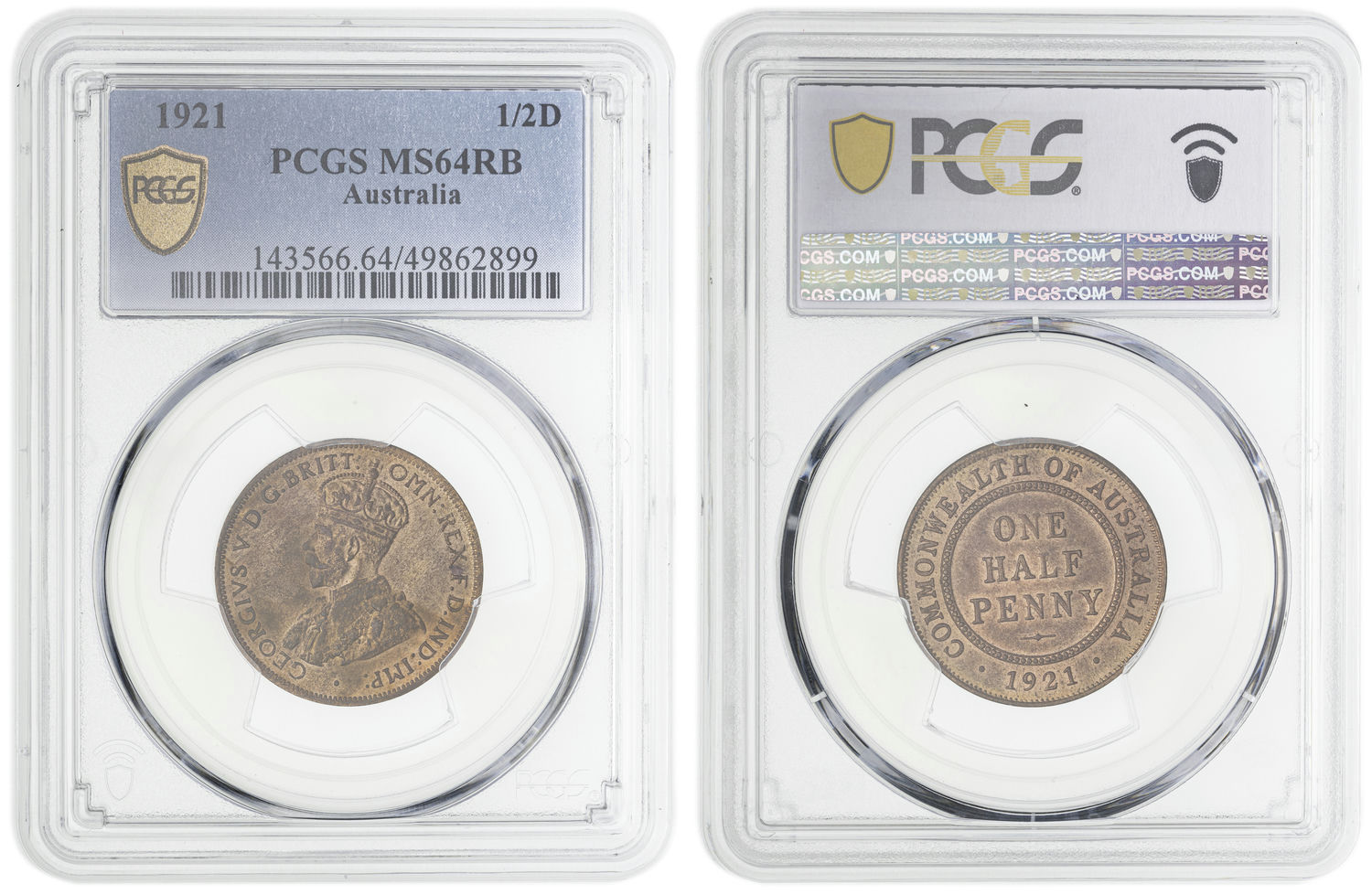 George V, Halfpenny, 1921, PCGS MS64RB