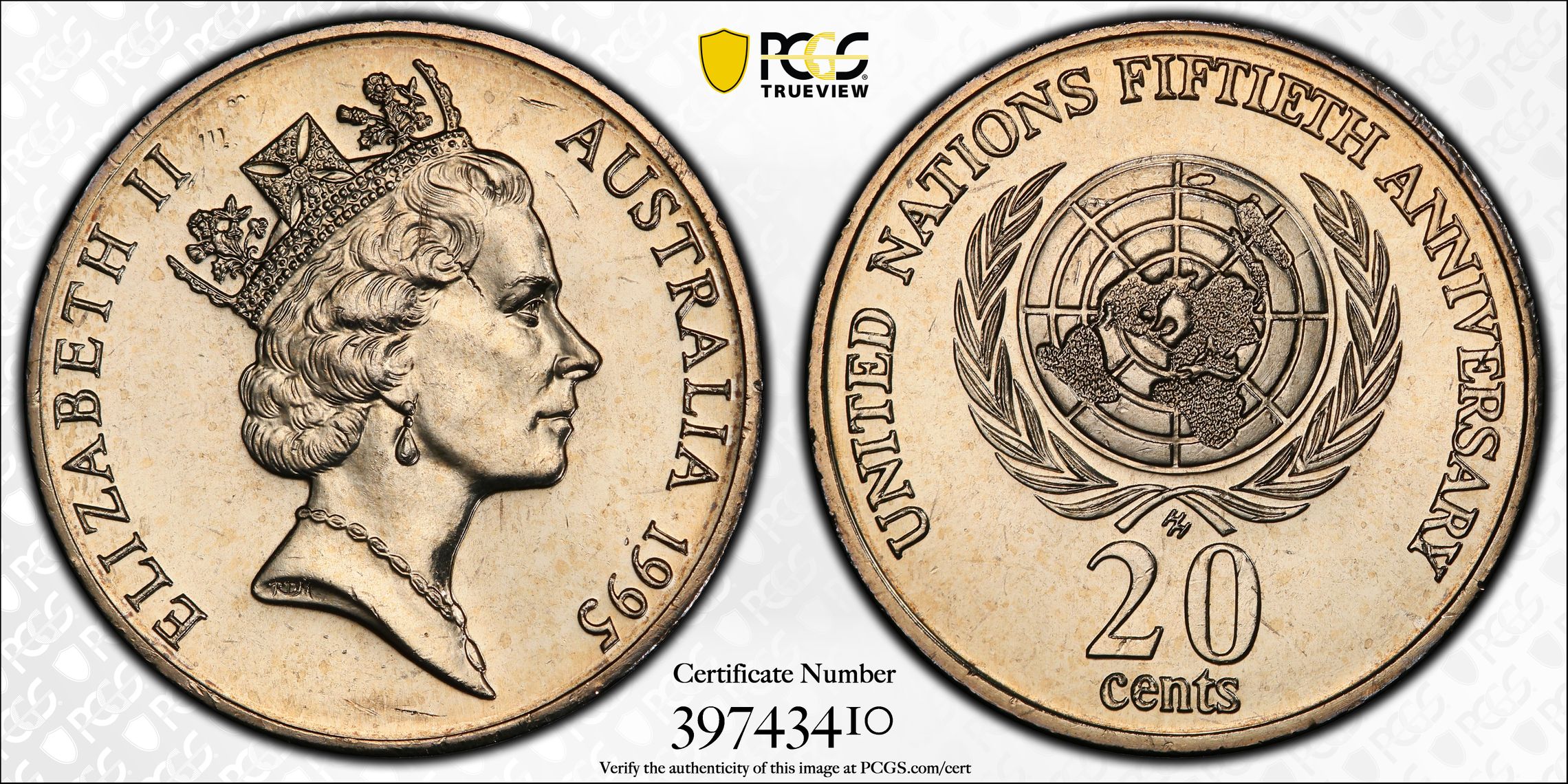 Elizabeth II, U.N., Twenty Cent, 1995, PCGS MS65