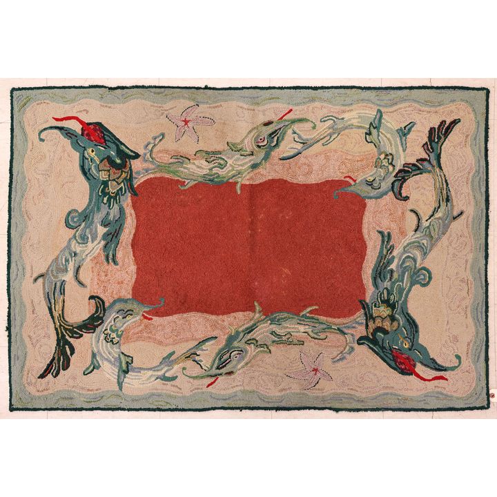 Vintage Dolphin Fish Green Hooked Rug 34''x51''