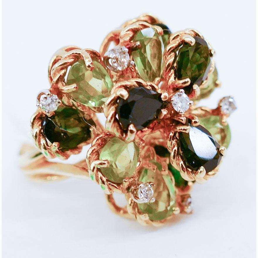 Ladies 14K Diamond, Tourmaline, and Peridot Cluster Ring- Size 8- 16.3g