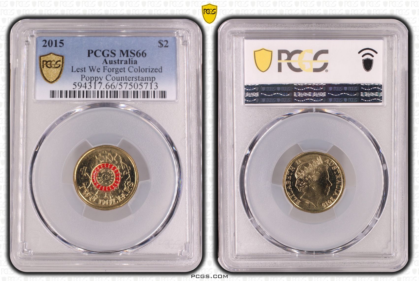 Lest We Forget Colourised Poppy Counterstamp, Two Dollar, 2015, MS66