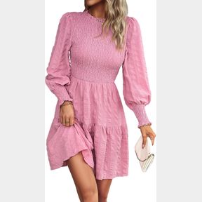 ROOSCIER WOMEN'S ROUND NECK SMOCKED LANTERN LONG SLEEVE TIERED A LINE MINI DRESS- L