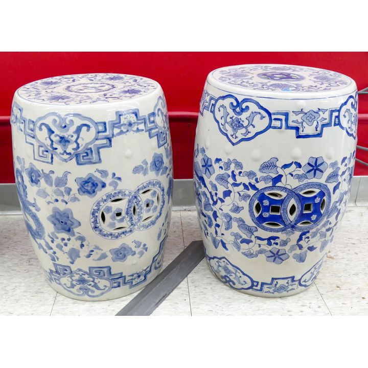 2pc Chinese Porcelain B&W Dragon & Phoenix Garden Stools