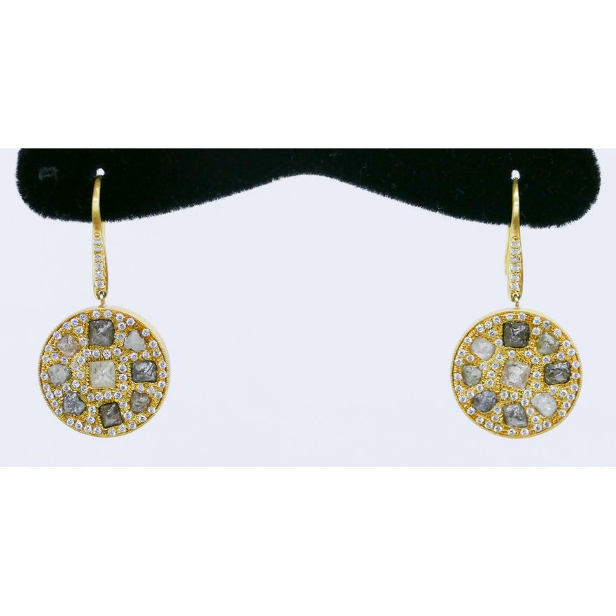Pair Lady's 18k Diamond & Natural Stone Round Earrings