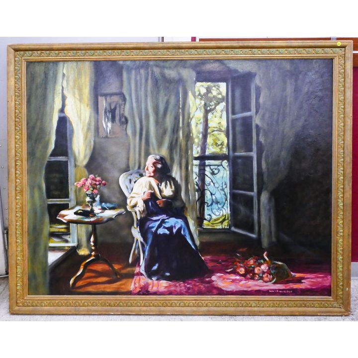 Large Wadsworth Woman in Interior Oil Painting- 53x66''