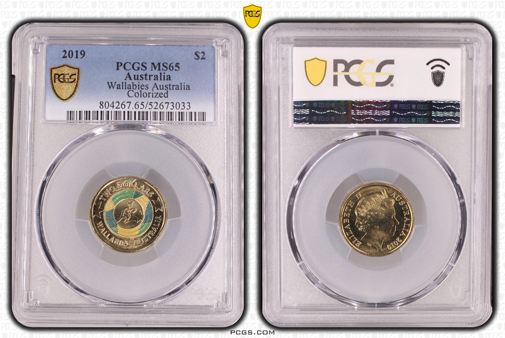 Wallabies Australia Colorized, Two Dollar, 2019, PCGS MS65