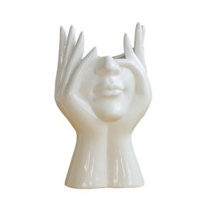 Herqona Human Face Art Ceramic Vase Sculpture White Planter Pot |