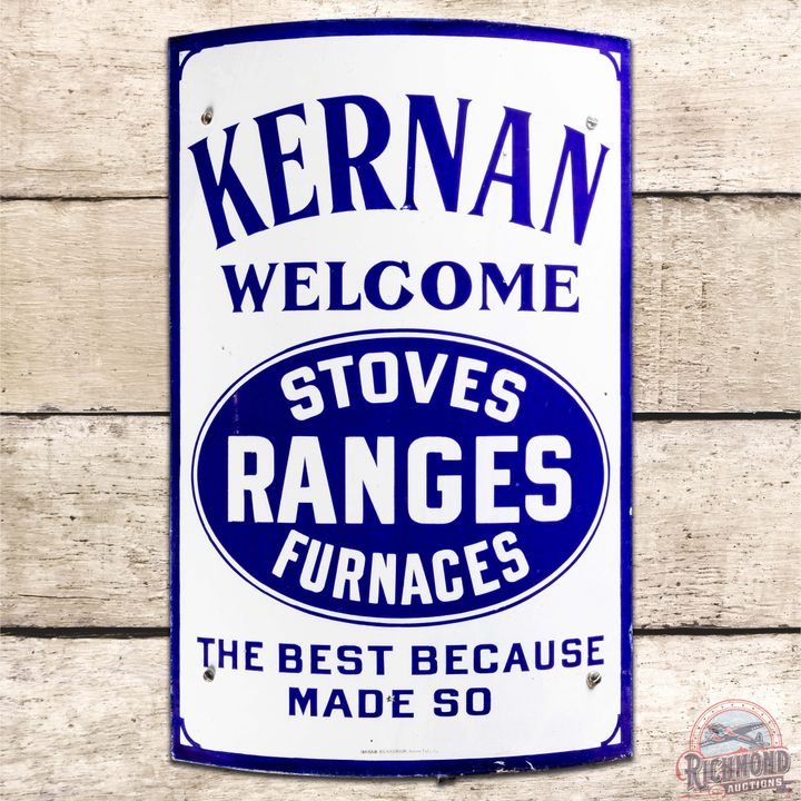 Kernan Welcome Stoves Ranges Furnaces Curved SS Porcelain Sign w/ Bracket
