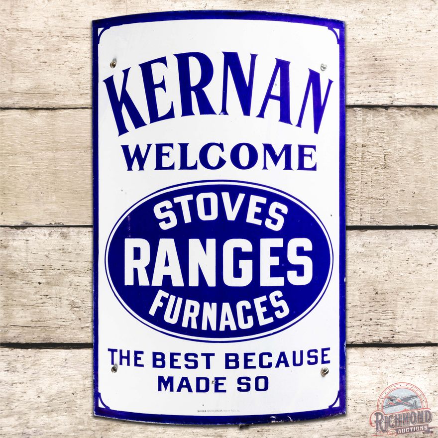 Kernan Welcome Stoves Ranges Furnaces Curved SS Porcelain Sign w/ Bracket