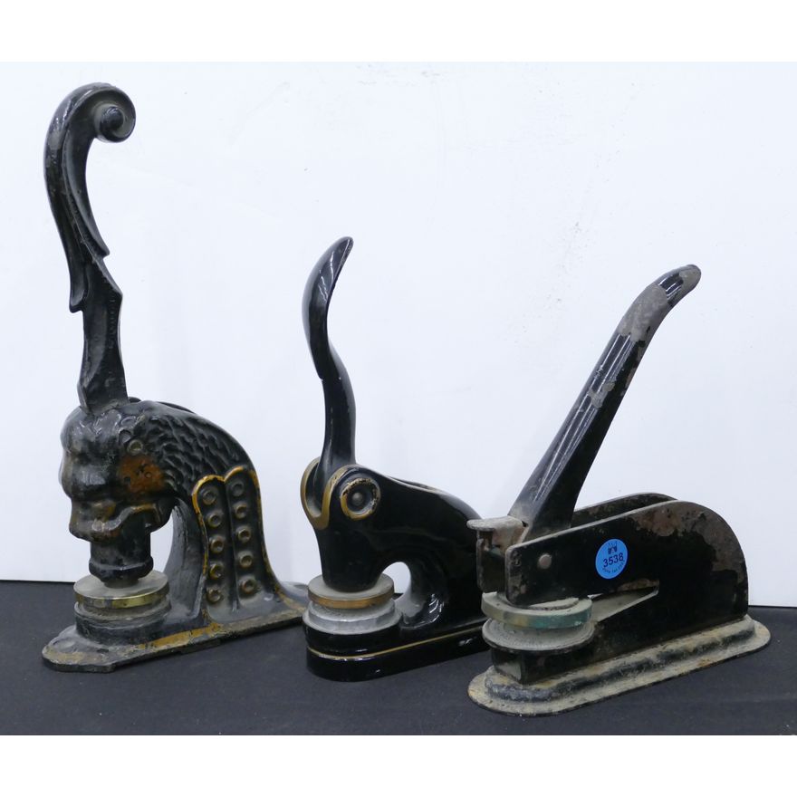 3pc Antique Cast Iron Notary Presses 10'' Approx.