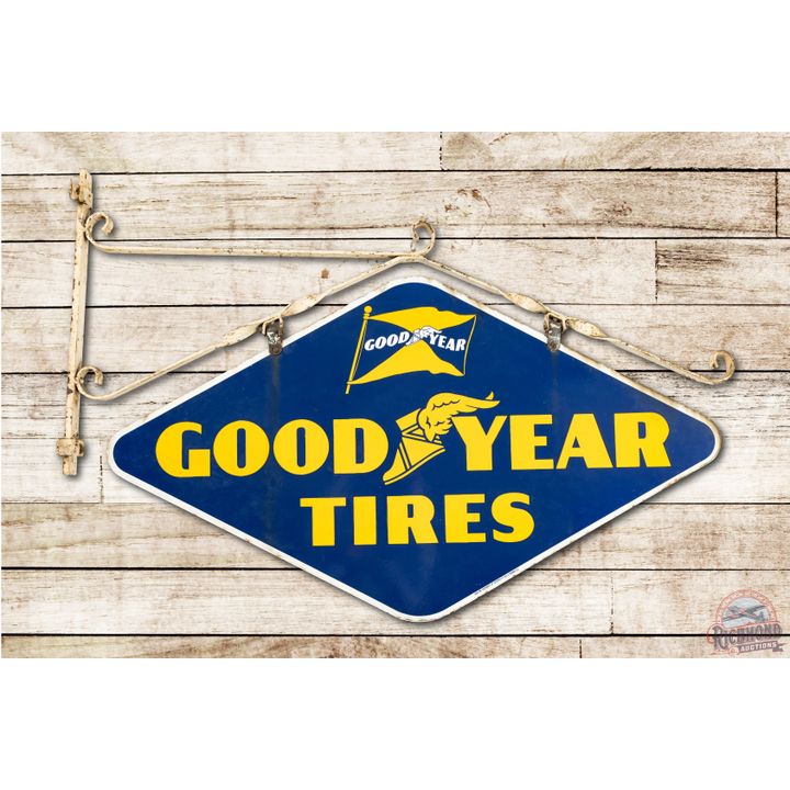 4' Goodyear Tires w/ Flag & Wingfoot Double Sided Porcelain Sign & Original Hanger