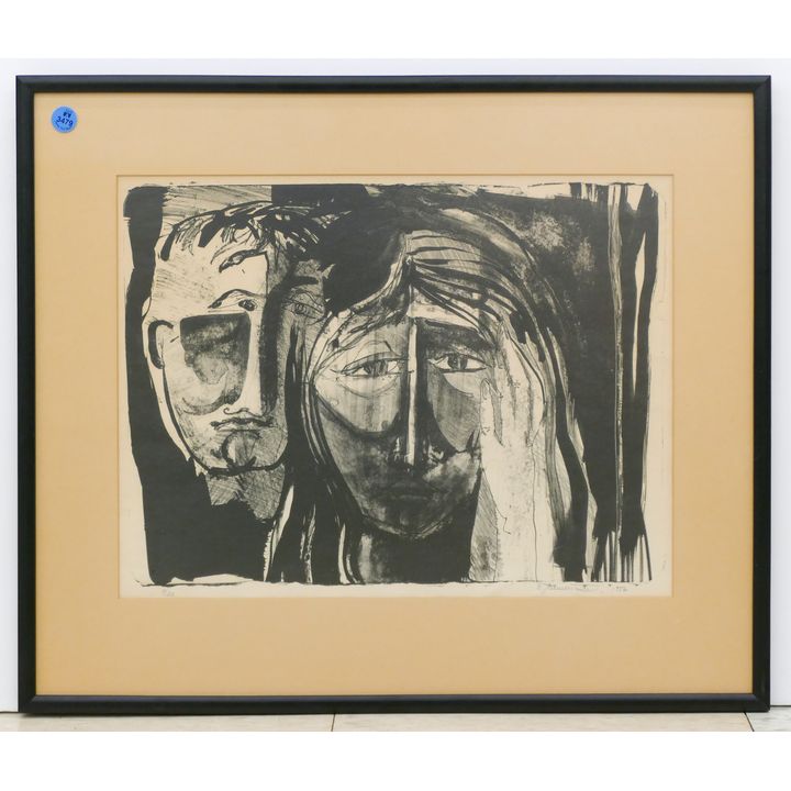 Lithuanian Modernist 1956 Faces Lithograph Framed 18''x22''