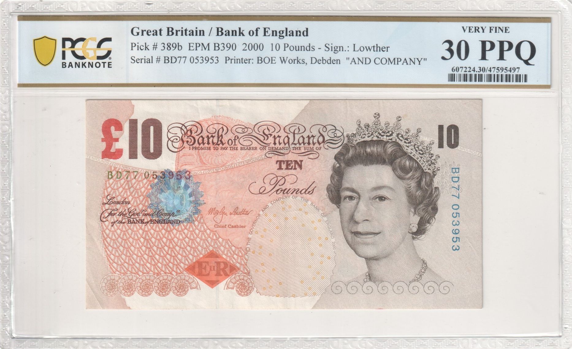 Great Britain, BOE Works, Debden, Lowther, "AND COMPANY", 10 Pounds, 2000, PCGS Very Fine 30 PPQ