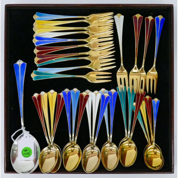 Tray 34pc David Andersen Norwegian Enameled Sterling Flatware