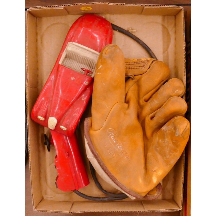Box Old Battery Operated Car & Baseball Glove