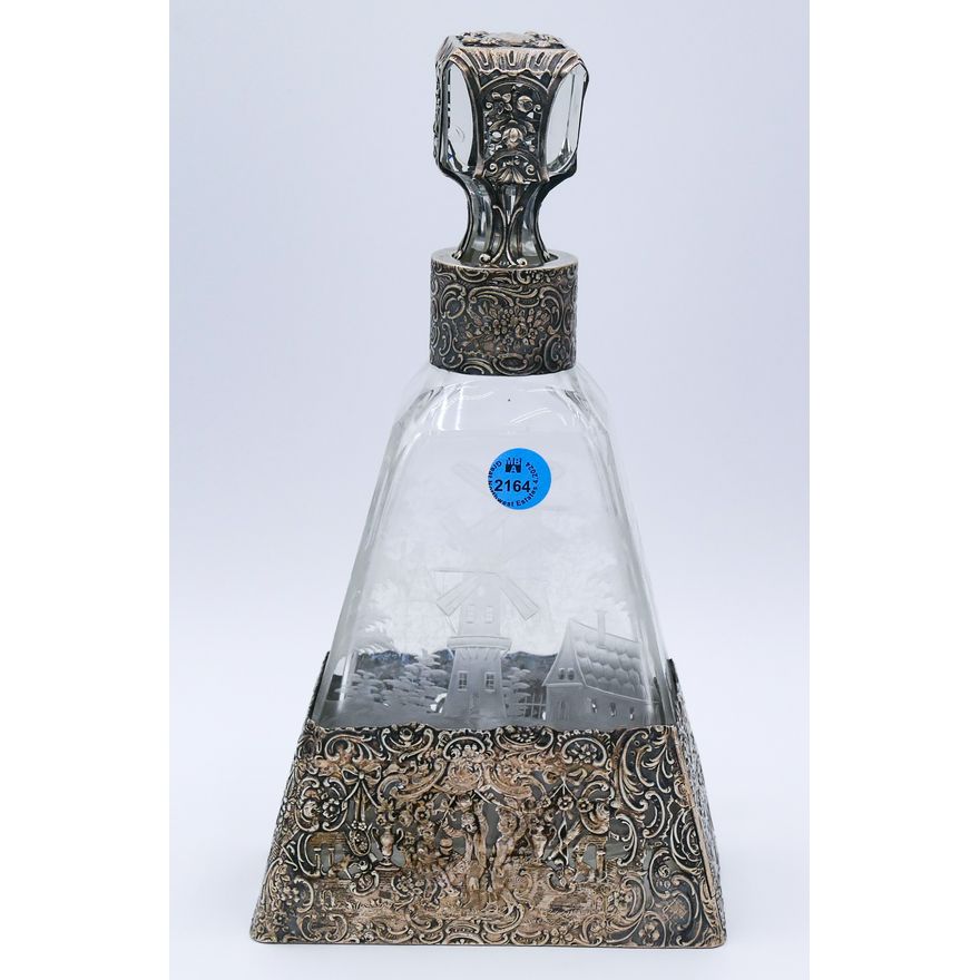 Hanau German Silver Overlay Etched Glass Decanter 11''