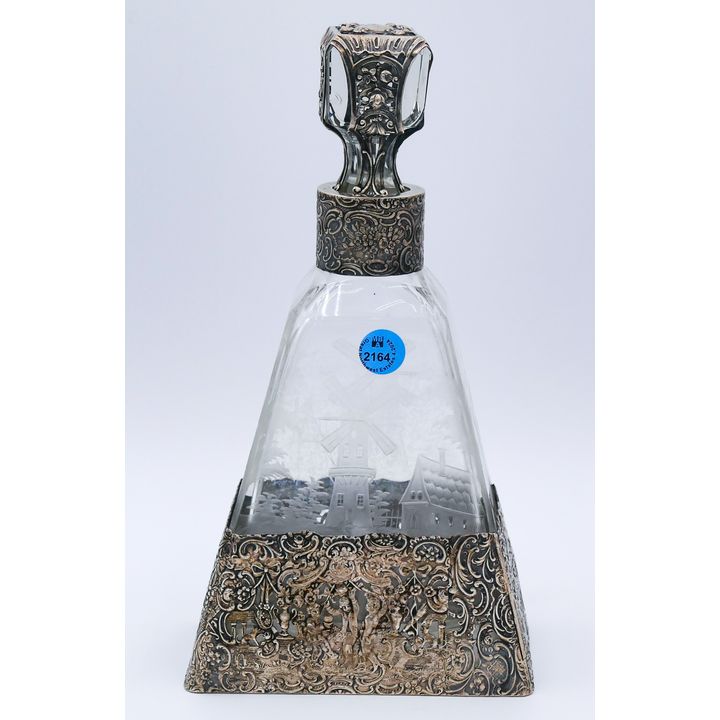Hanau German Silver Overlay Etched Glass Decanter 11''