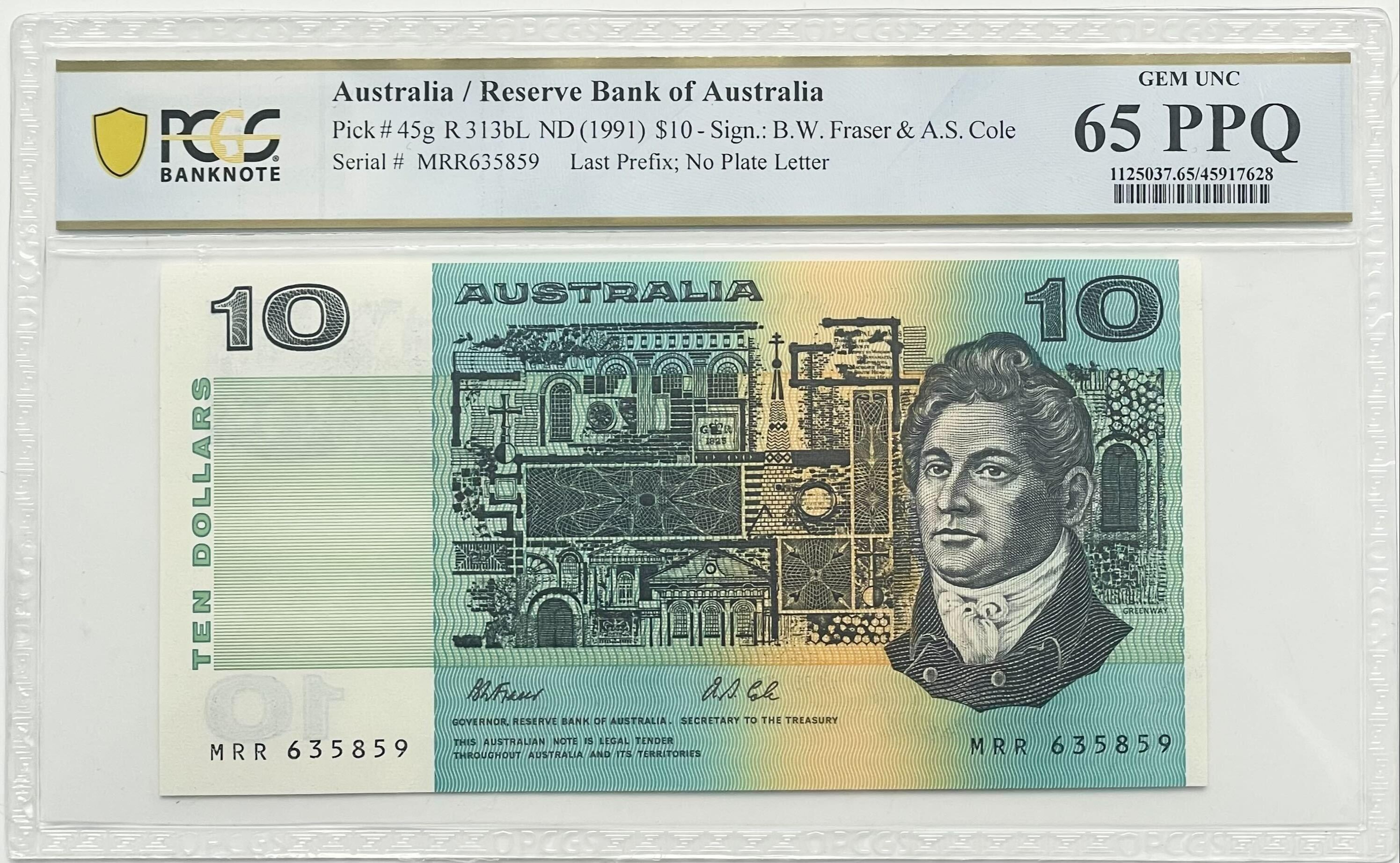 1991 $10 Fraser/Cole Gem Unc 65 PPQ Last Prefix