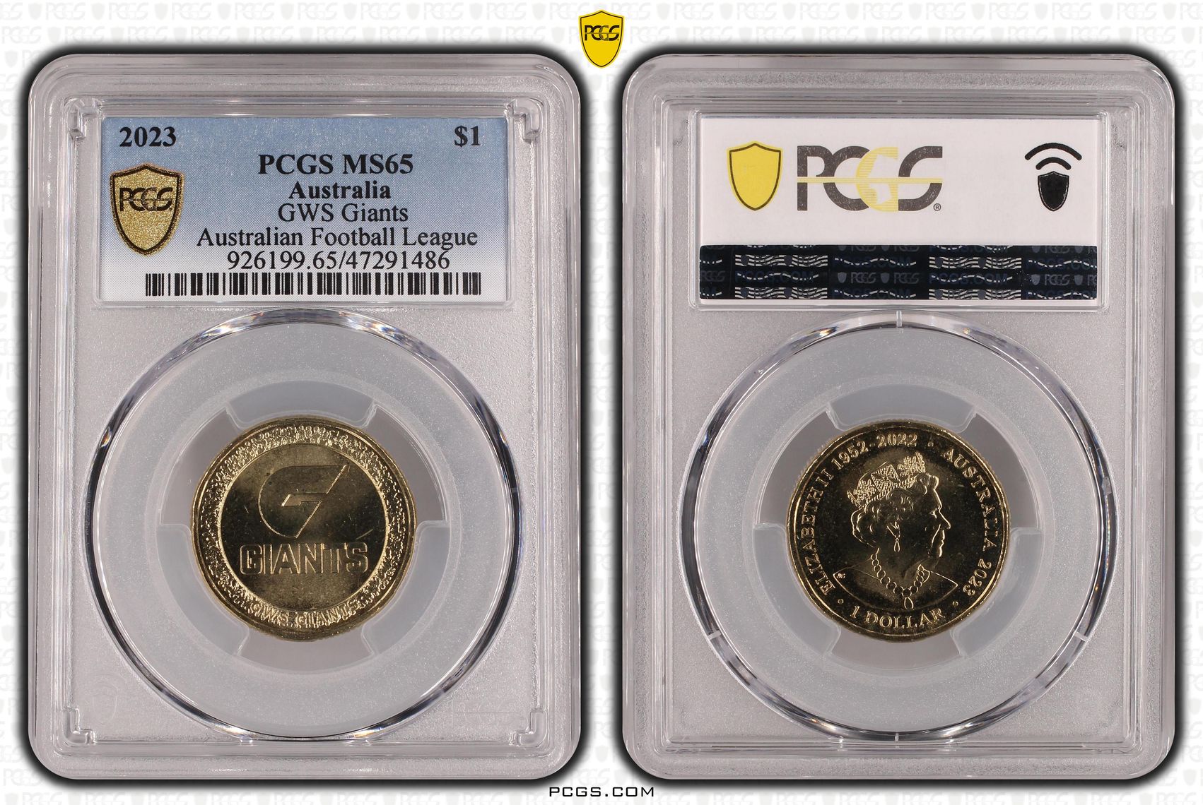 291 · Elizabeth II, AFL- GWS Giants , One Dollar, 2023, PCGS MS65