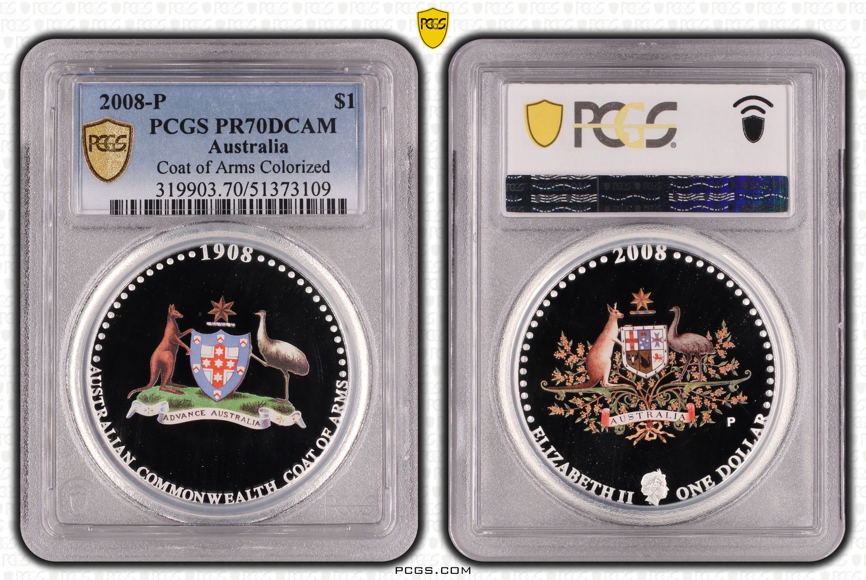 2008-P Australia $1 Coat of Arms Colorized PCGS PR70DCAM POP 4/0
