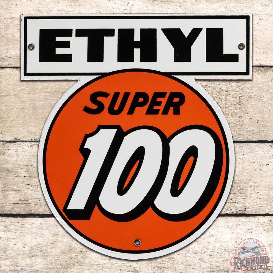 Impressive Clark's Ethyl Super 100 Gasoline Single Sided Porcelain Pump Plate Sign