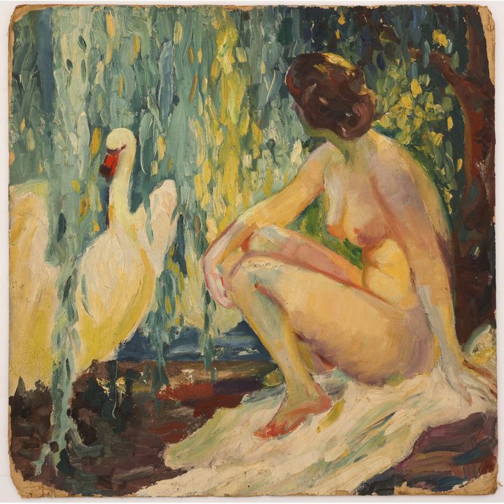 Harry Bonath ''Leda and the Swan'' Oil on Board 18.5''x18.5''