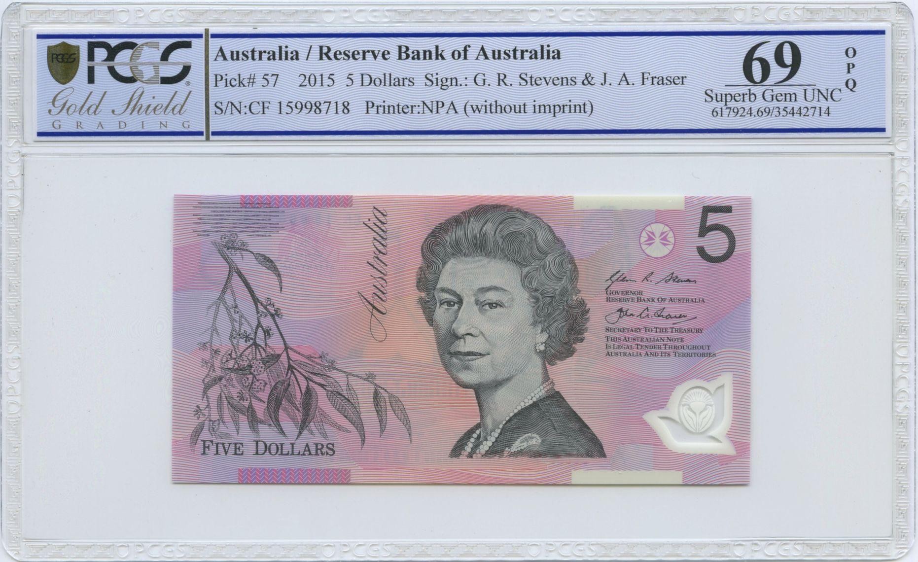 152 · RBA, Polymer, NPA (w/o imprint), Sign.: G.R. Stevens & J.A. Fraser, Five Dollar, 2015, PCGS - Superb Gem UNC 69 PPQ