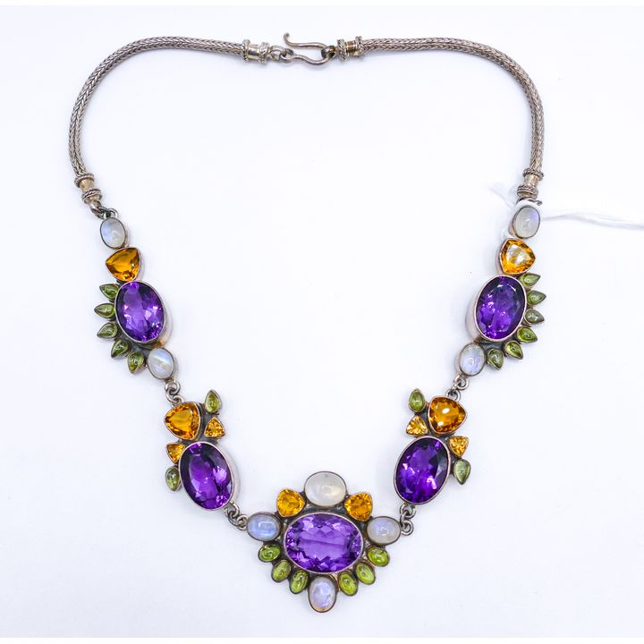 Fine Sterling Amethyst & Gemstone Necklace 16'' - 81 Grams