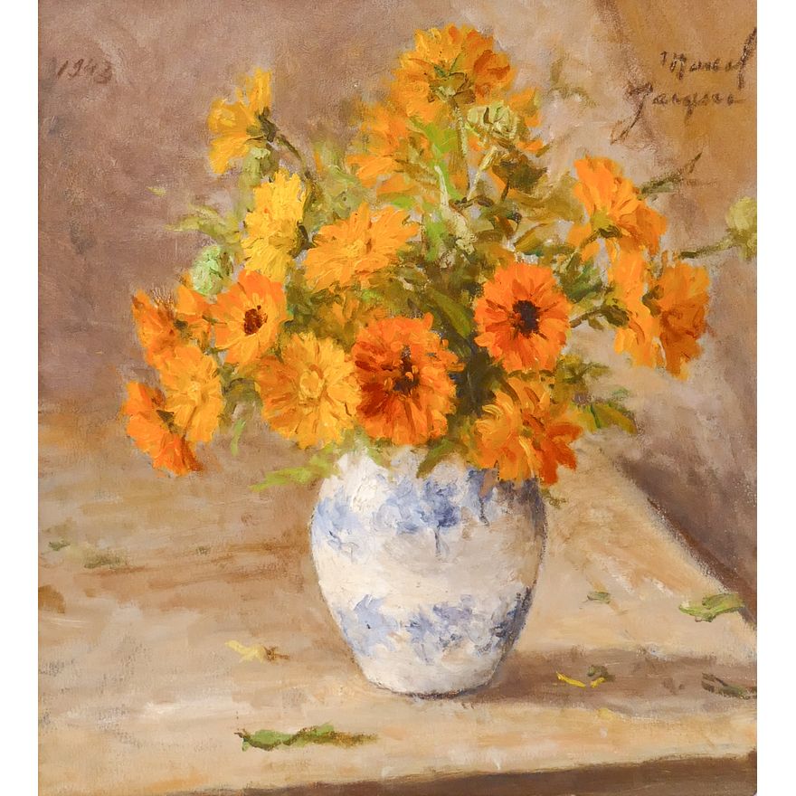 Marcel Jacque (1906-1981 France) 'Still Life with Daisies' Oil on Panel, 1943