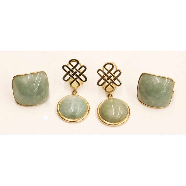2 Pairs Hong Kong 14k Jade Cabochon Earrings