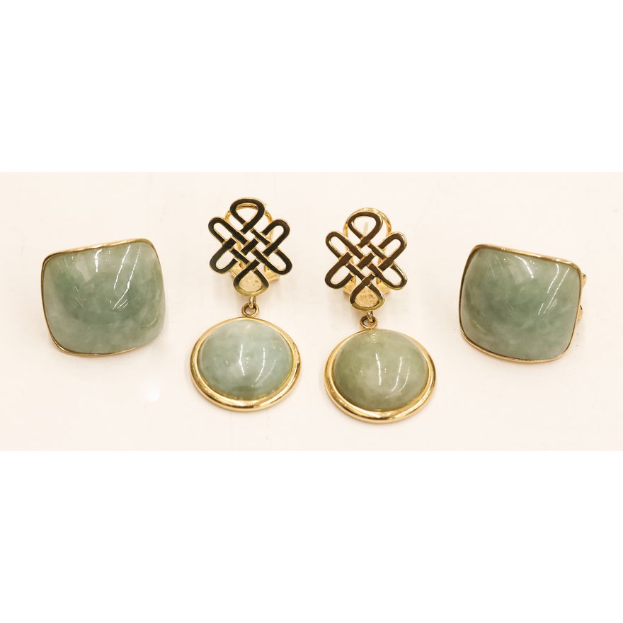 2 Pairs Hong Kong 14k Jade Cabochon Earrings