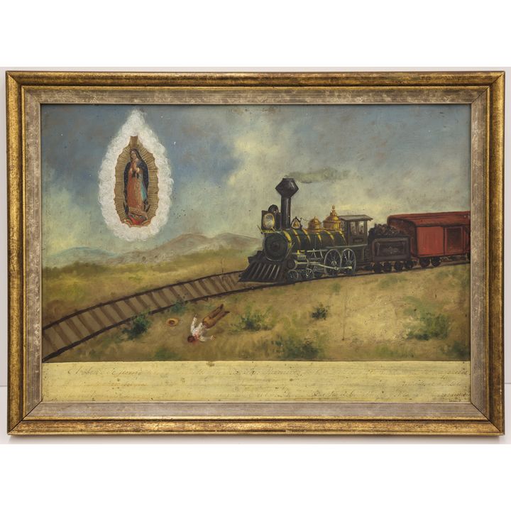 Antique Mexican Painted Ex-Voto of Train Wreck
