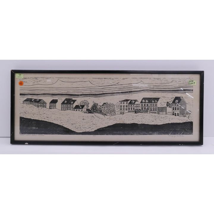 Margery Niblock 'Front Street' Woodcut Framed- 12x30''