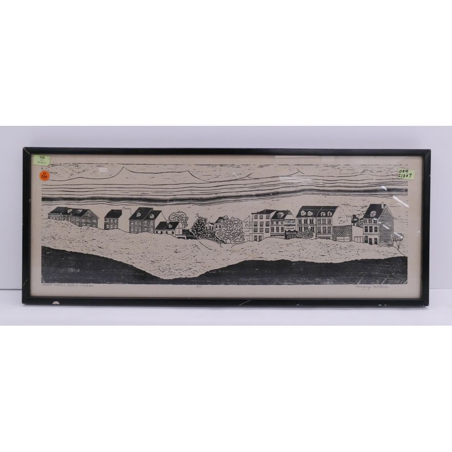 Margery Niblock 'Front Street' Woodcut Framed- 12x30''