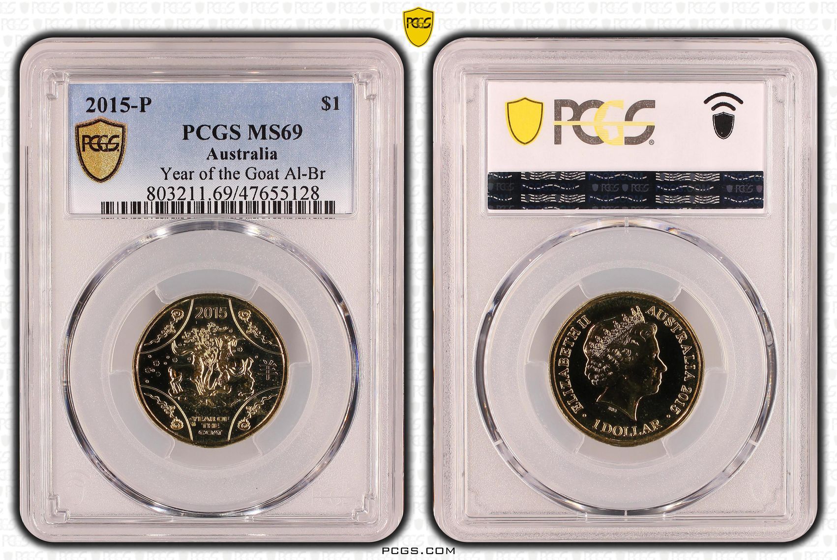 378 · Elizabeth II, Year of the Goat Al-Br, One Dollar, 2015-P, PCGS MS69