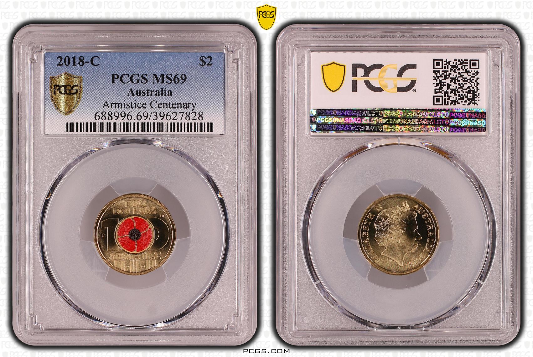 Armistice Centenary Colourised, Two Dollar, 2018-C, PCGS MS69