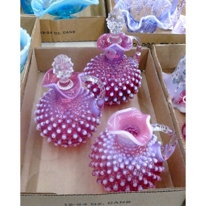 Box 3pc Fenton Cranberry Hobnail Cruets