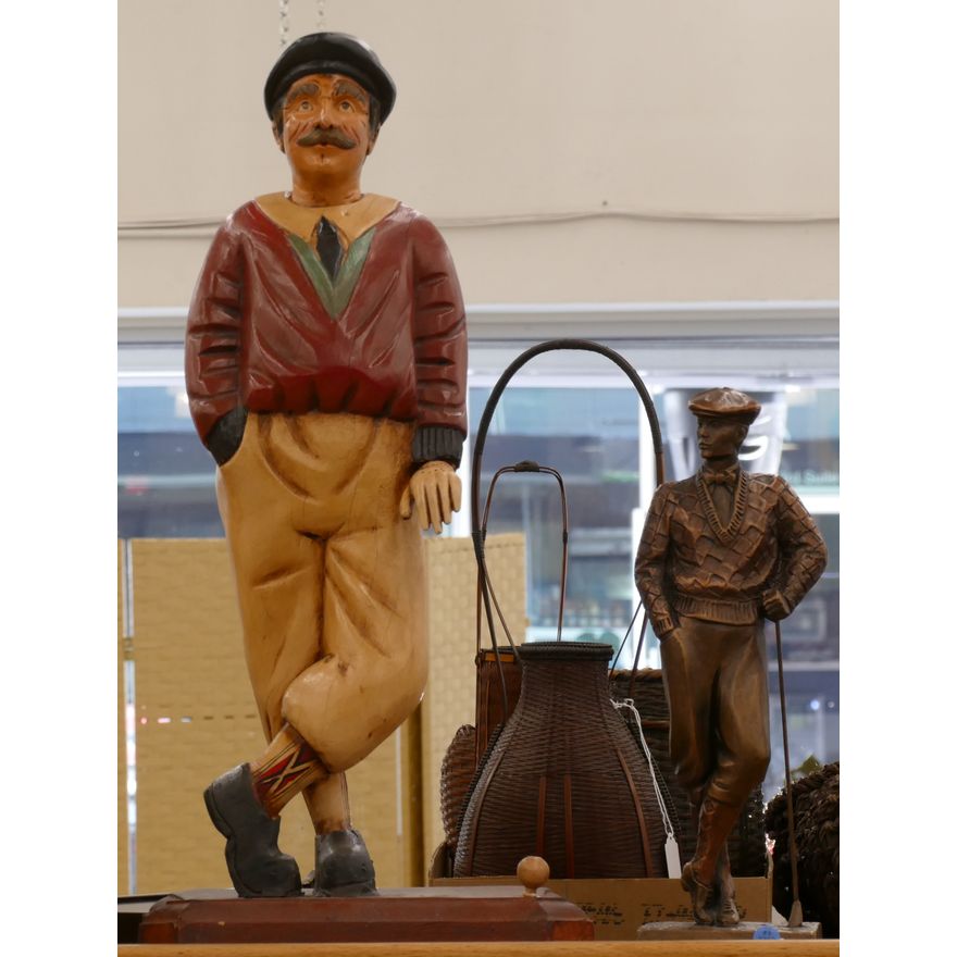 2pc Modern Wood and Austin Golfer Sculptures 16'' to 26''